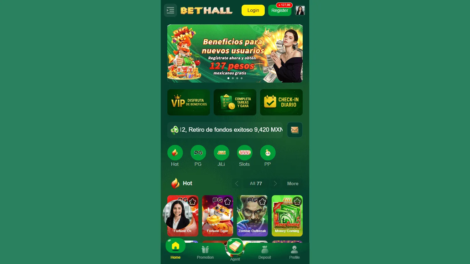Bethall Casino home page on desktop